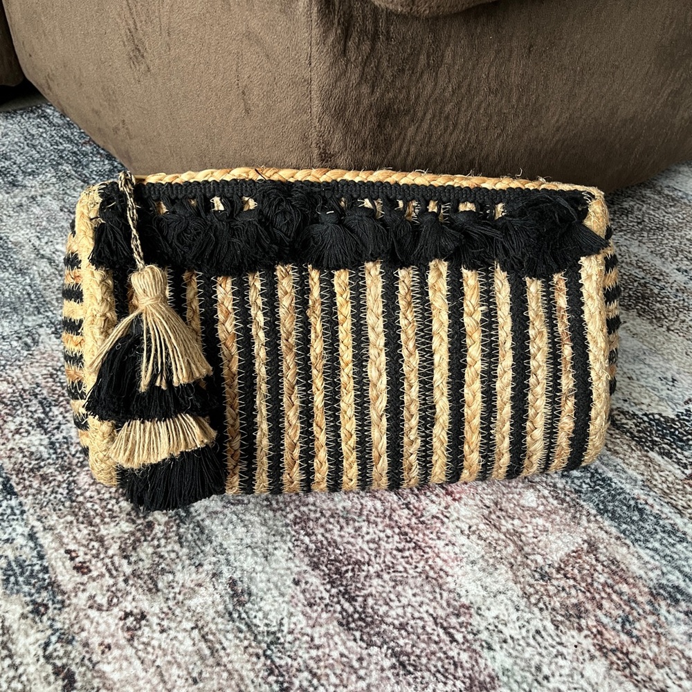 Black and Tan Striped Clutch with Tassel Detail